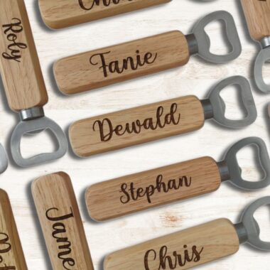 engraved wooden bottle opener - long handle stainless steel opener by Crimson Laser